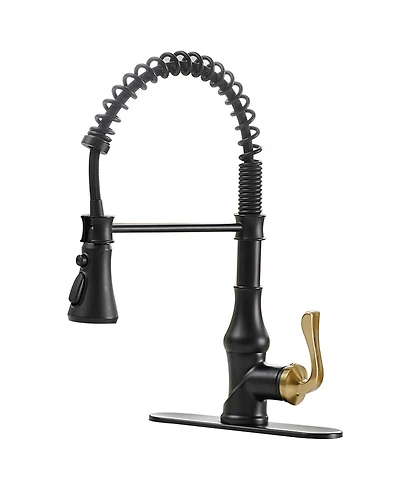 Greenspring Single-Handle Pull-Down Sprayer 3 Spray High Arc Kitchen Faucet With Deck Plate in Matte Black & Gold