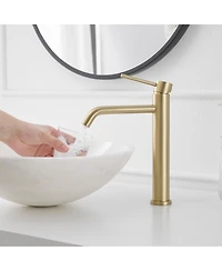 Modern Single Hole Handle Vessel Bathroom Vanity Sink Faucet With Pop Up Drain Without Overflow Brushed Gold