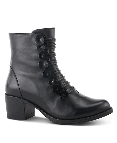 Spring Step Garibaldi Leather Mid Boot with Decorative Lace and Button Detail on Block Heel