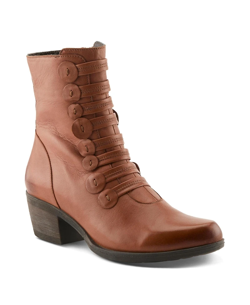 Spring Step Garibaldi Leather Mid Boot with Decorative Lace and Button Detail on Block Heel