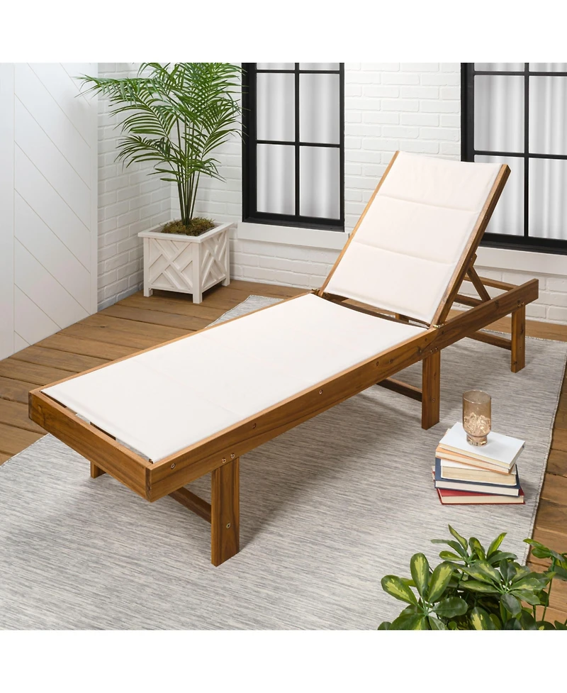 Jonathan Y Mallorca Modern Classic Foldable Adjustable Wood Chaise Outdoor Lounge Chair with Cushion & Wheels