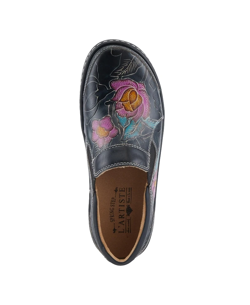 L'Artiste Women's Annawan Floral Embossed Handpainted Leather Comfort Slip-On Shoes with Stretch Gore and Padded Collar
