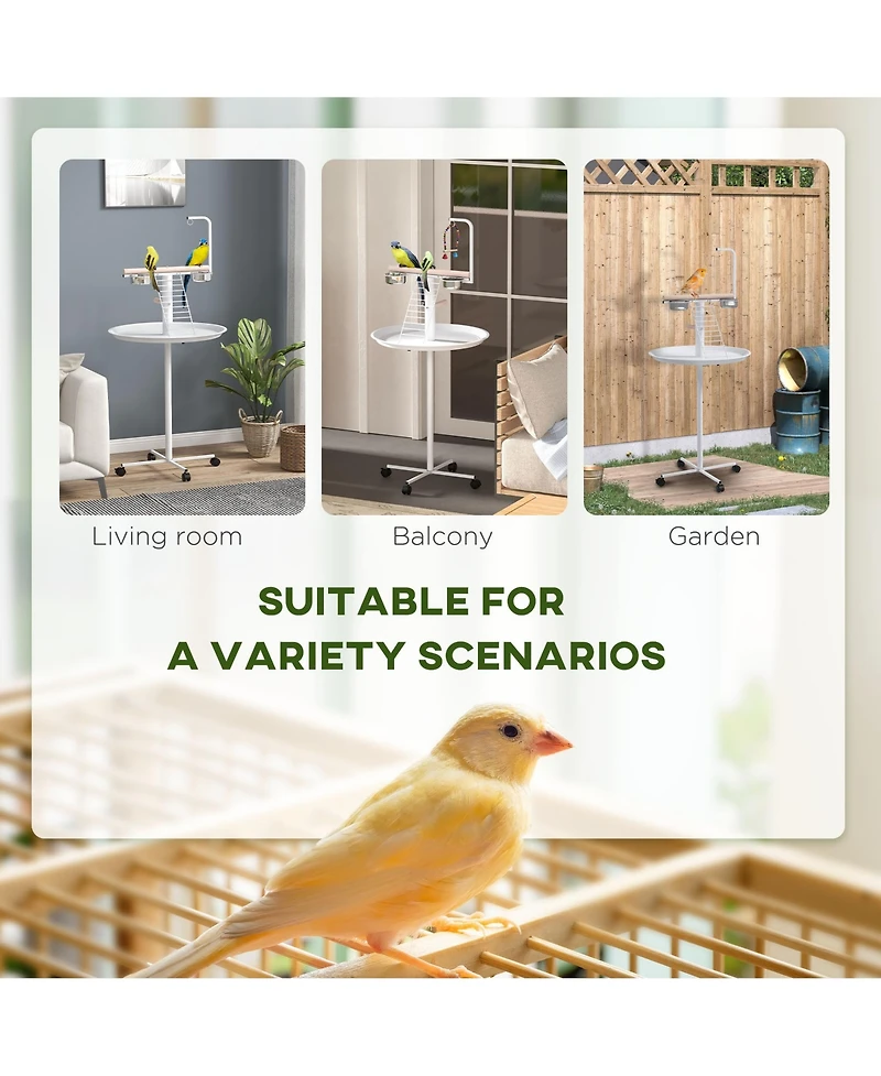 PawHut Bird Sd with Wheels, Perches, Feed Bowls, Round Tray for Parrot