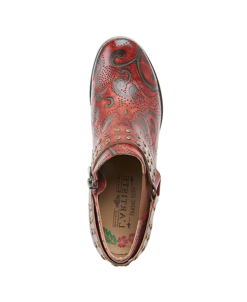 L'Artiste Women's Kacielou Western Shooties with Hand-Painted Leather, Studded Ankle Strap, Elastic Goring, and Cone Heel – Burnished Embossed Booties