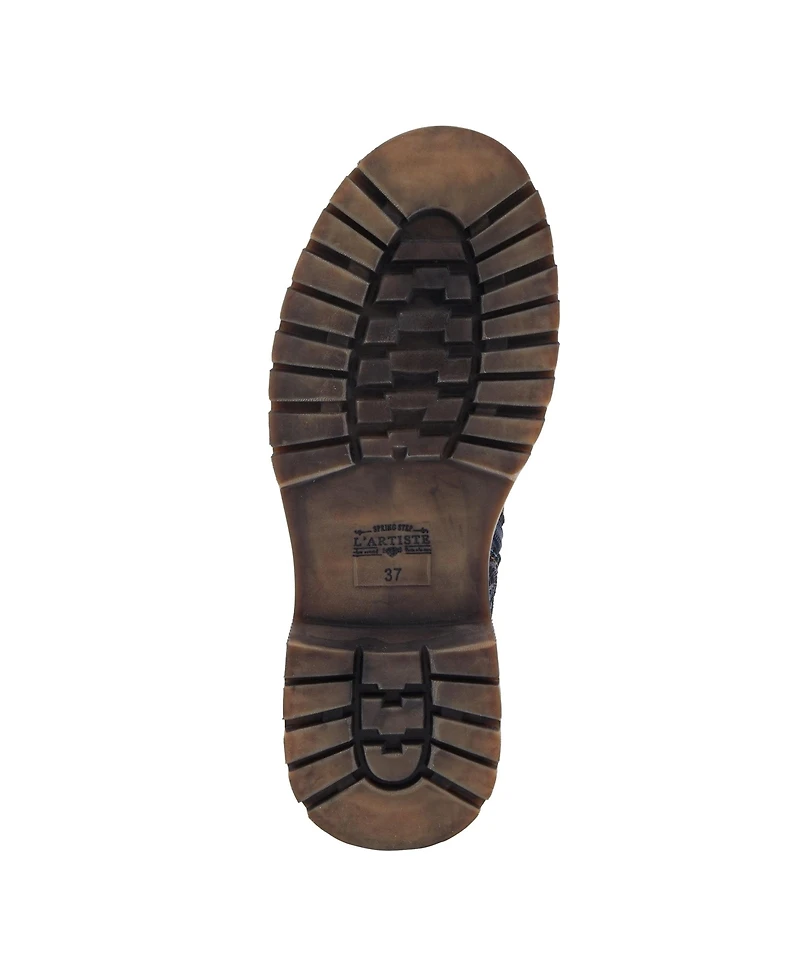 L'Artiste Women's Avrilrose Leather and Denim Booties with Daisy Accents, Lug Sole, Dual Zippers, Urban Grunge Design – Unique Mixed-Material Ankl