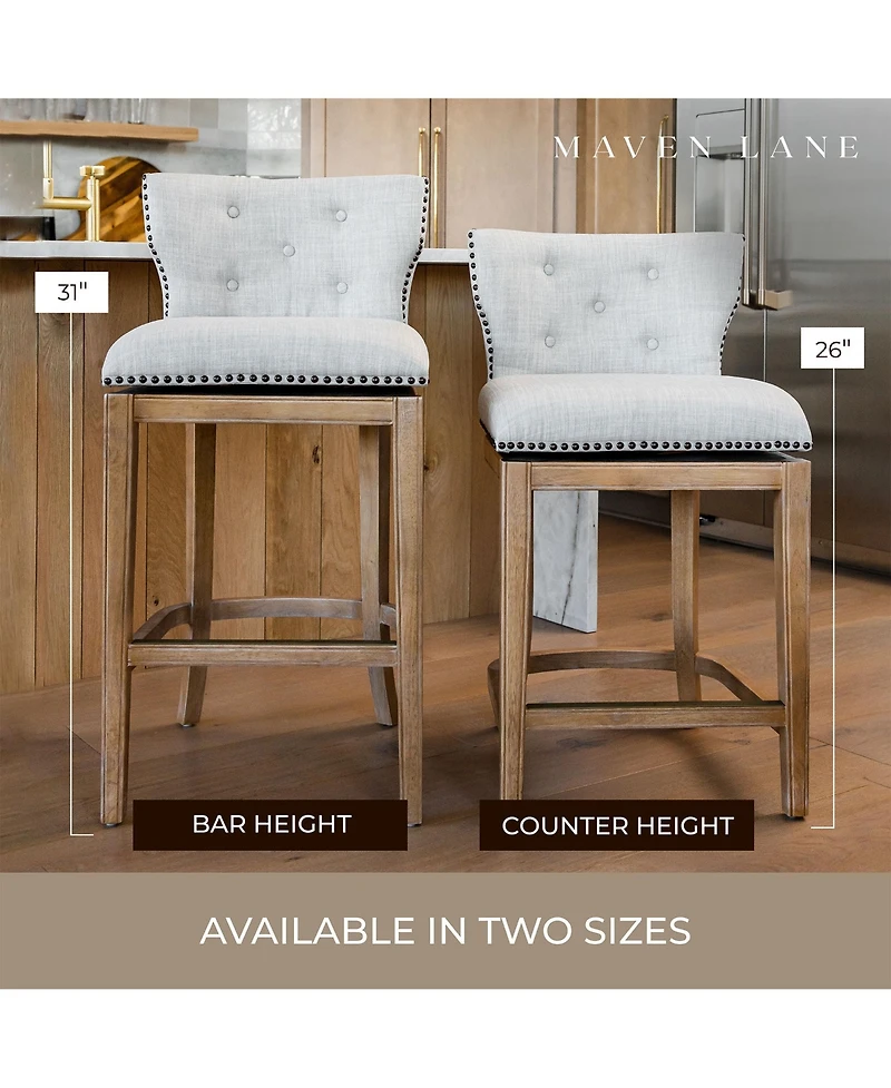 Maven Lane Hugo Counter Stool, Weathered Oak w/ Sand Fabric Upholstery, Set of 2