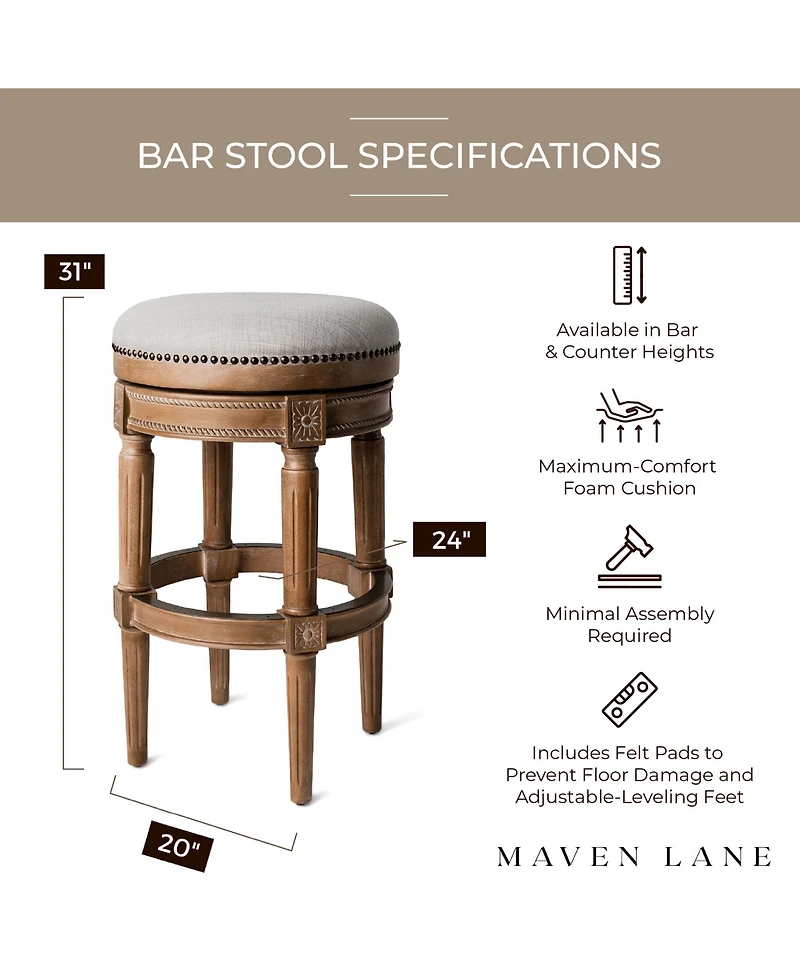 Maven Lane Pullman Backless Bar Stool in Weathered Oak Finish w/ Sand Color Fabric Upholstery, Set of 4