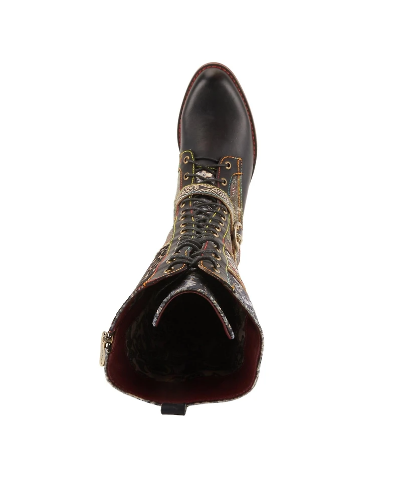 L'Artiste Women's Vaneyck Hand-Painted Tall Boots with Iridescent Leather, Double Buckle Detail, Lace-Up and Zipper Closure, Rainbow Stitching, Ru