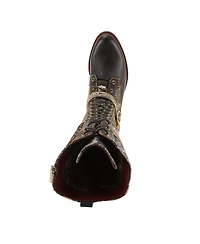 L'Artiste Women's Vaneyck Hand-Painted Tall Boots with Iridescent Leather, Double Buckle Detail, Lace-Up and Zipper Closure, Rainbow Stitching, Ru