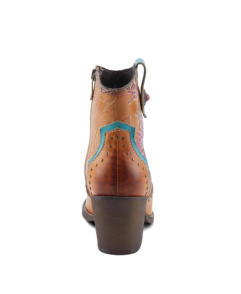 L Artiste Women s Rebamac Western Floral Embossed Leather Mid-Calf Cowboy Booties with Snip Toe and Zipper Closure