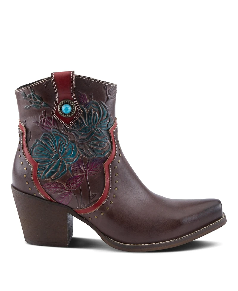 L Artiste Women s Rebamac Western Floral Embossed Leather Mid-Calf Cowboy Booties with Snip Toe and Zipper Closure