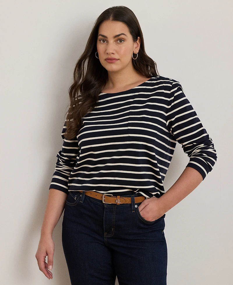 Lauren Ralph Plus Striped Boat Neck Top