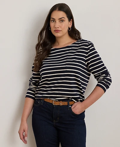 Lauren Ralph Plus Striped Boat Neck Top