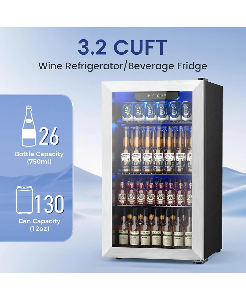 Cowsar 26 Bottle Wine Cooler Refrigerator, Small Freestanding Wine Fridge for Red, White and Champagne, Built-in Wine Cellar with Stainless Steel Glas