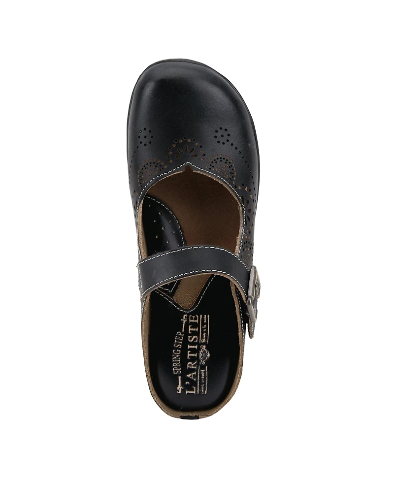 L Artiste Women s Aneria Hand-Painted Leather Clogs with Floral Laser Cutouts, Adjustable Buckle & Contrast Stitching