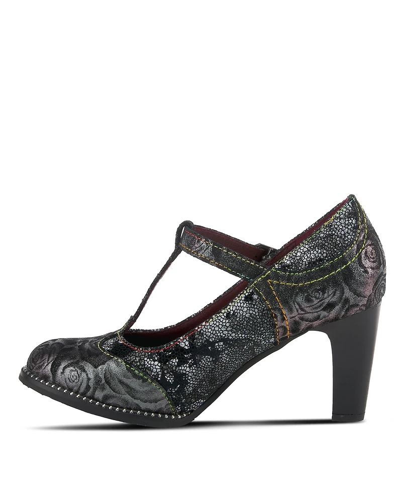 L Artiste Women s Mazie Closed-Toe T-Strap Heels Floral Metallic and Mosaic Leather with Decorative Buckle Stacked Heel – French-Inspire