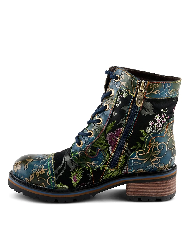 L'Artiste Women's Fantastic Leather Booties with Embroidered Textile, Embossed Floral Leather, Inside Zipper, and Lug Sole – Artisan Comfort An