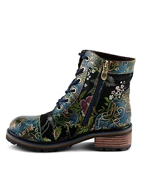 L'Artiste Women's Fantastic Leather Booties with Embroidered Textile, Embossed Floral Leather, Inside Zipper, and Lug Sole – Artisan Comfort An