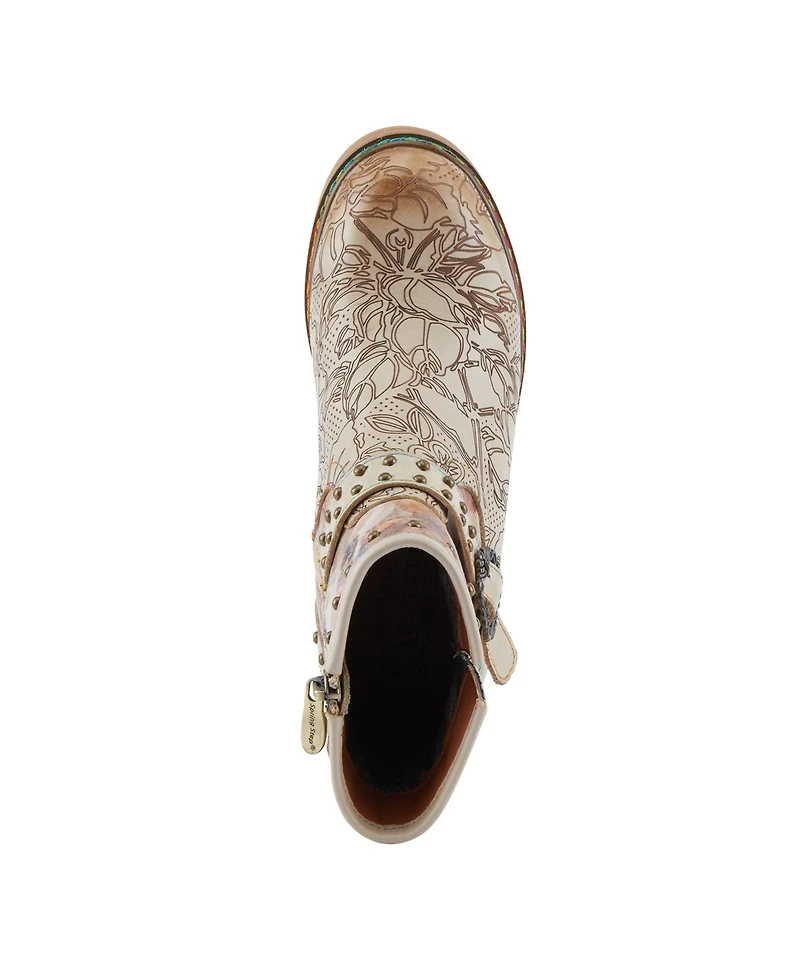 L'Artiste Women's Branchout Hand-Painted Leather Booties with Etched Botanical Motifs, Studded Buckle Strap, Inside Zipper, and Rainbow Stitching