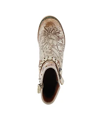 L'Artiste Women's Branchout Hand-Painted Leather Booties with Etched Botanical Motifs, Studded Buckle Strap, Inside Zipper, and Rainbow Stitching