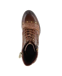 L'Artiste Women's Avyanna Velvet and Leather Ankle Boots with Embossed Floral Design, Cap Toe, Dual Zippers, Low Heel – Romantic Hand-Painted Stat