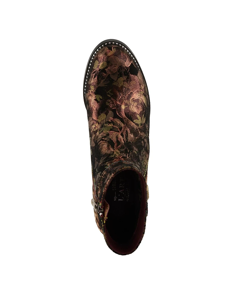 L'Artiste Women's Dessalynn Floral and Animal Print Suede Ankle Boots with Velvet Lining, Decorative Button, Side Zipper, Sculpted Mid Heel – Arti
