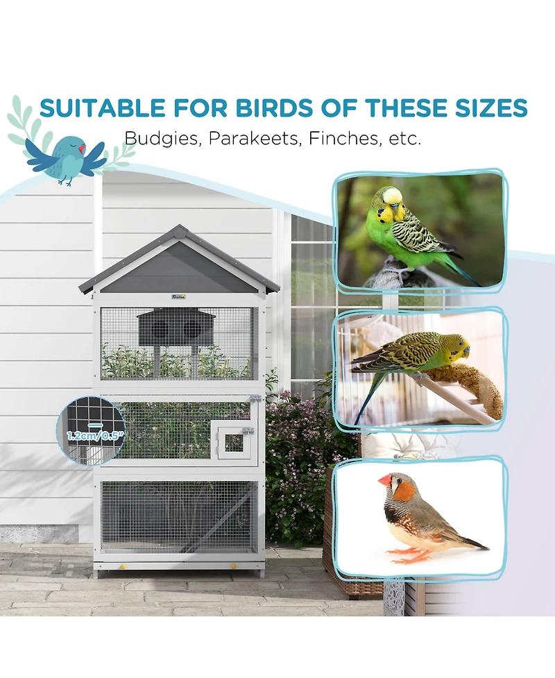 PawHut Wooden Bird Aviary with Slide-Out Tray, Birdhouse, Ladder, Perches