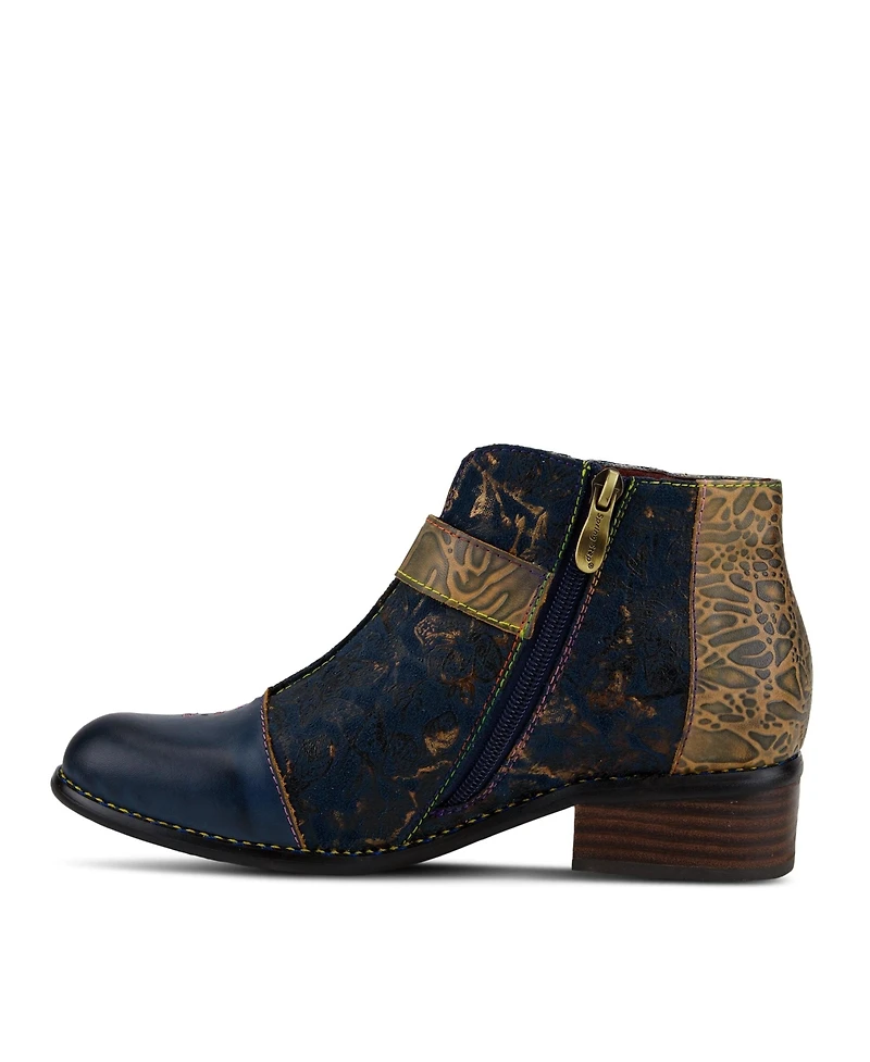 L Artiste Women s Georgiana Hand-Painted Leather Booties with Decorative Buckle, Rainbow Stitching, and Full-Zip Closure – French-Inspired Comf