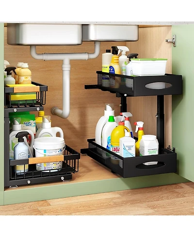 Under Sink Organizer, 2 Tier Pull Out Cabinet Organizer Baskets with Mesh Sliding Drawers, Slide Out Storage Shelf for Home, Kitchen, Bathroom, Pantry