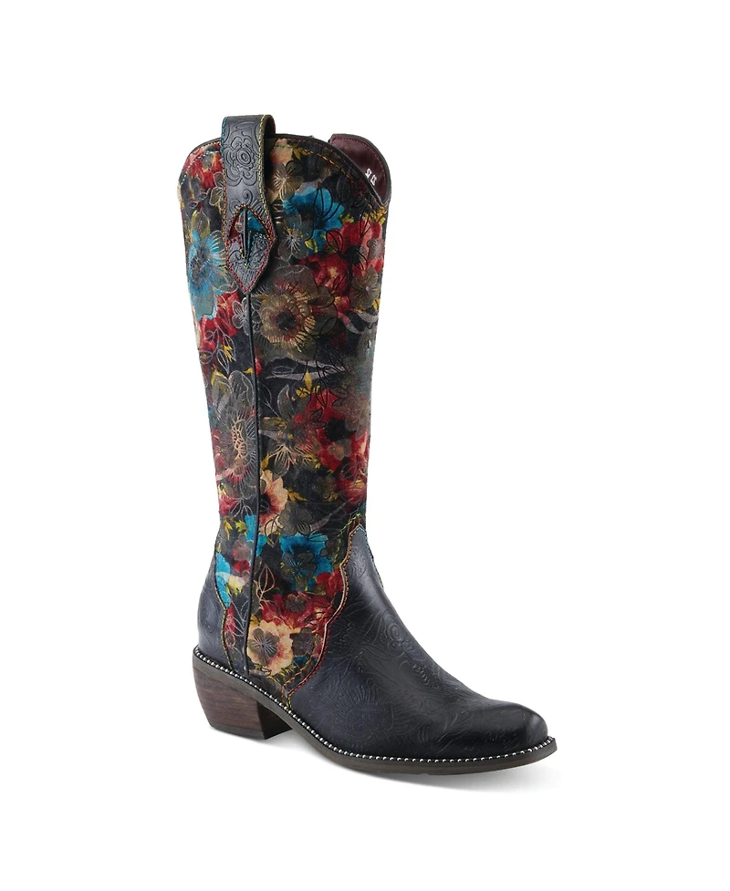 L Artiste Women s Rodeoqueen-viv Western Tall Boots with Embossed Leather, Floral Velvet Shaft, and Stacked Heel