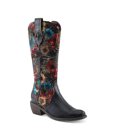 L Artiste Women s Rodeoqueen-viv Western Tall Boots with Embossed Leather, Floral Velvet Shaft, and Stacked Heel