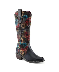 L Artiste Women s Rodeoqueen-viv Western Tall Boots with Embossed Leather, Floral Velvet Shaft, and Stacked Heel