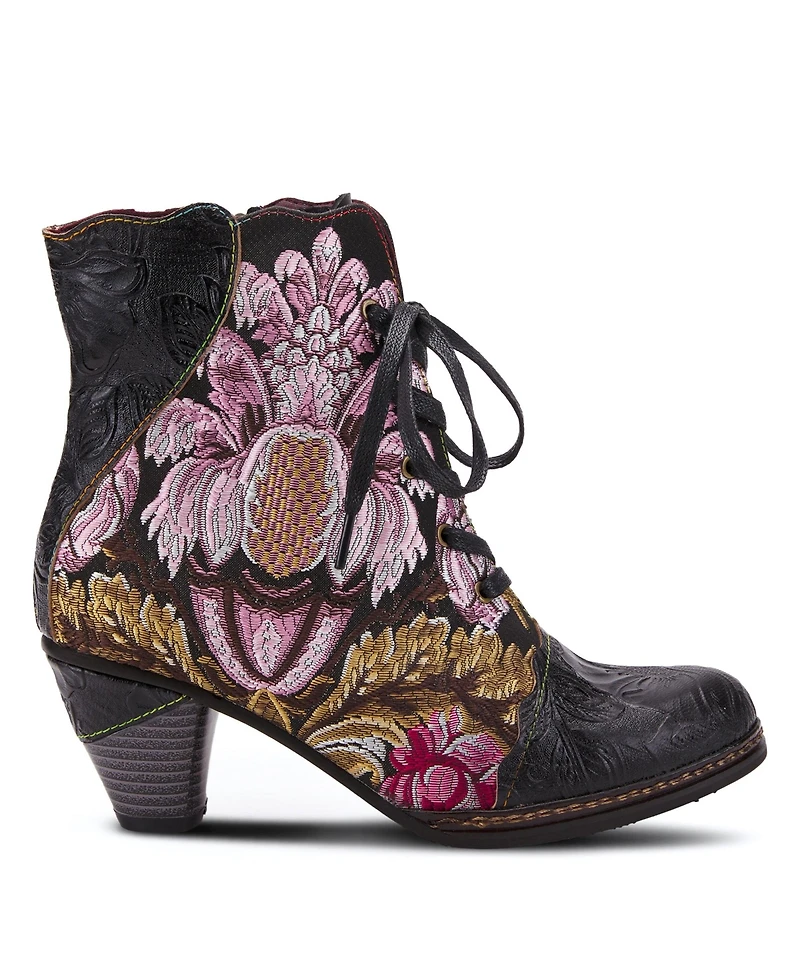 L'Artiste Women's Siren Embroidered Floral Lace-Up Booties with Embossed Leather, Scalloped Trim & Cone Heel