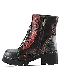 L Artiste Women s Limitless Leather Combat Boot with Floral Cutouts, Stud Accents & Rainbow Stitching