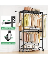 Clothes Rack Heavy Duty Clothes Rack with Shelves, Rolling Clothing Rack, Portable Collapsible with Lockable Wheels and Expandable Rod for Vendor Trad