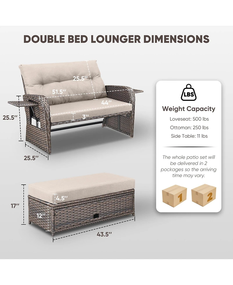 Gymojoy SleekArm 2-Person Wicker Outdoor Day Bed Set Patio Loveseat Sofa with Adjustable Backrest Cushions