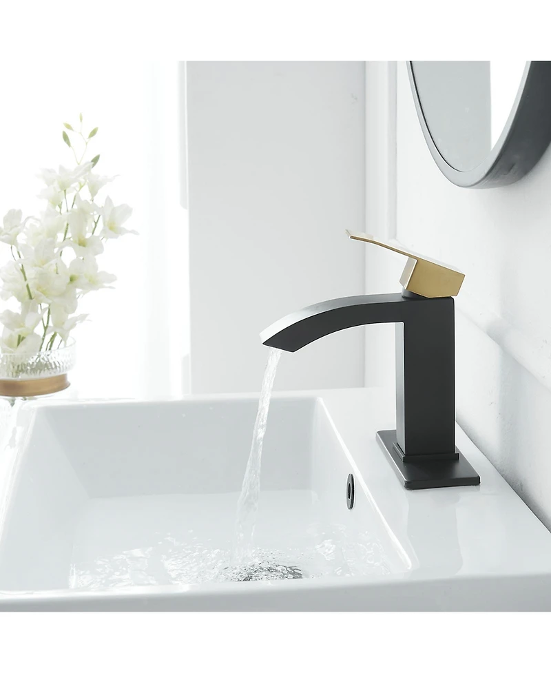 Greenspring Waterfall Single Hole Single-Handle Low-Arc Bathroom Sink Faucet With Pop-up Drain Assembly In Gold Black