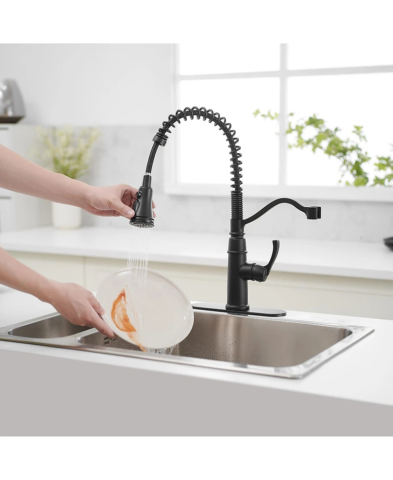 Greenspring Single-Handle Pull-Down Sprayer 3 Spray High Arc Kitchen Faucet With Deck Plate in Matte Black