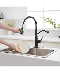 Greenspring Single-Handle Pull-Down Sprayer 3 Spray High Arc Kitchen Faucet With Deck Plate in Matte Black
