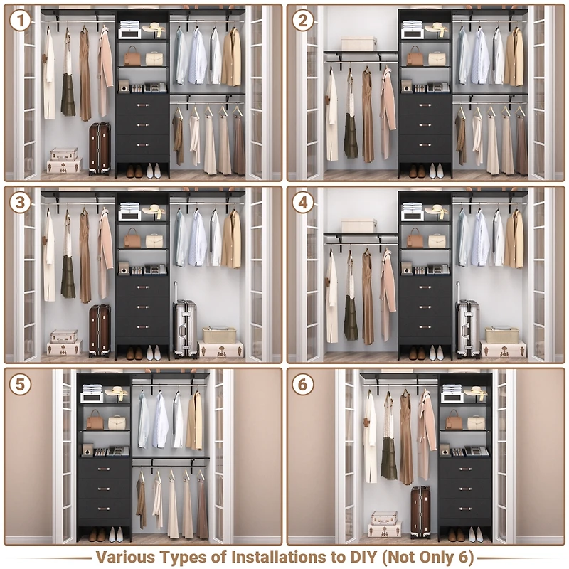 8FT Walk Closet Organizer with 3 Shelving Towers, Heavy Duty Clothes Rack Drawers