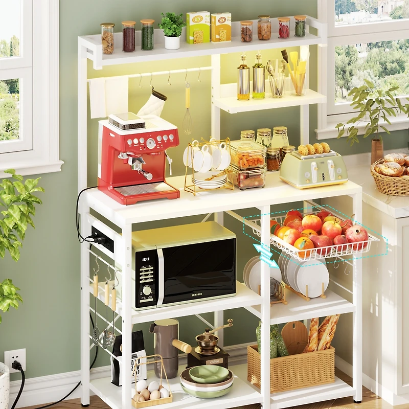 Aheaplus Kitchen Storage Shelf with Hooks, Coffee Bar Station with Power Outlets & Led Light, Bakers Rack with Pull-Out Basket