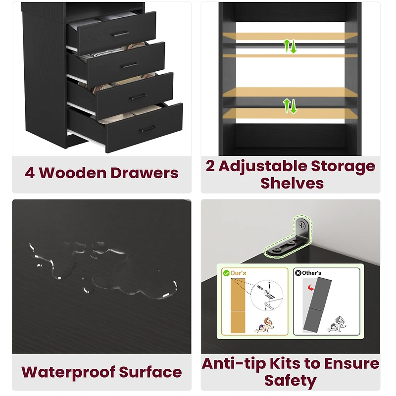 21.3" Closet Drawer System, Walk-in Closet Tower with 4 Wooden Drawers and Shelves