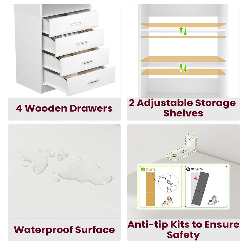 21.3" Closet Drawer System, Walk-in Tower with 4 Wooden Drawers and Shelves