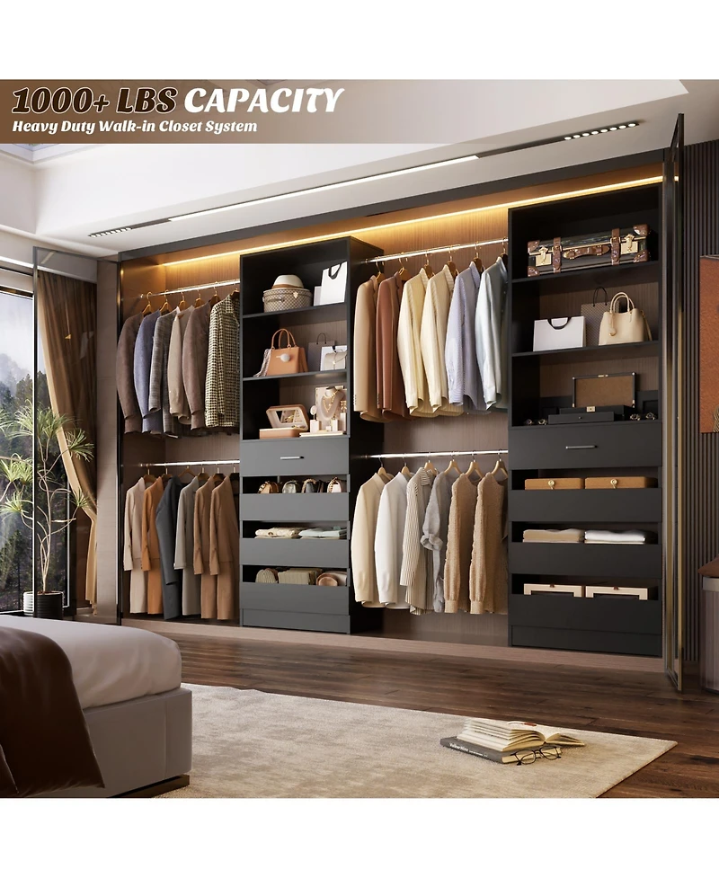 Aheaplus 8FT Wall Mounted Closet System with 4 Drawers and Hanging Rods, Garment Rack Shelves