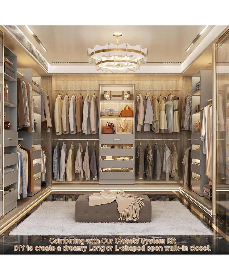 Aheaplus 8FT Wall Mounted Closet System with 4 Drawers and Hanging Rods, Garment Rack Shelves