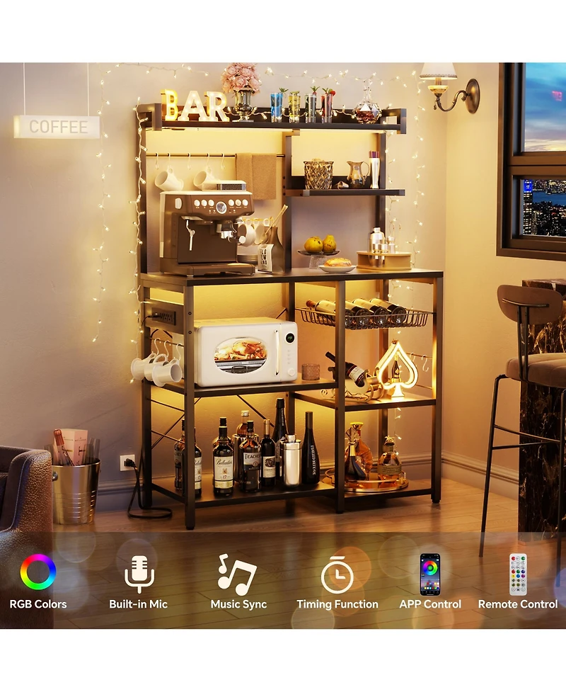 Kitchen Storage Shelf with Hooks, Coffee Bar Station Power Outlets & Led Light, Bakers Rack Pull-Out Basket