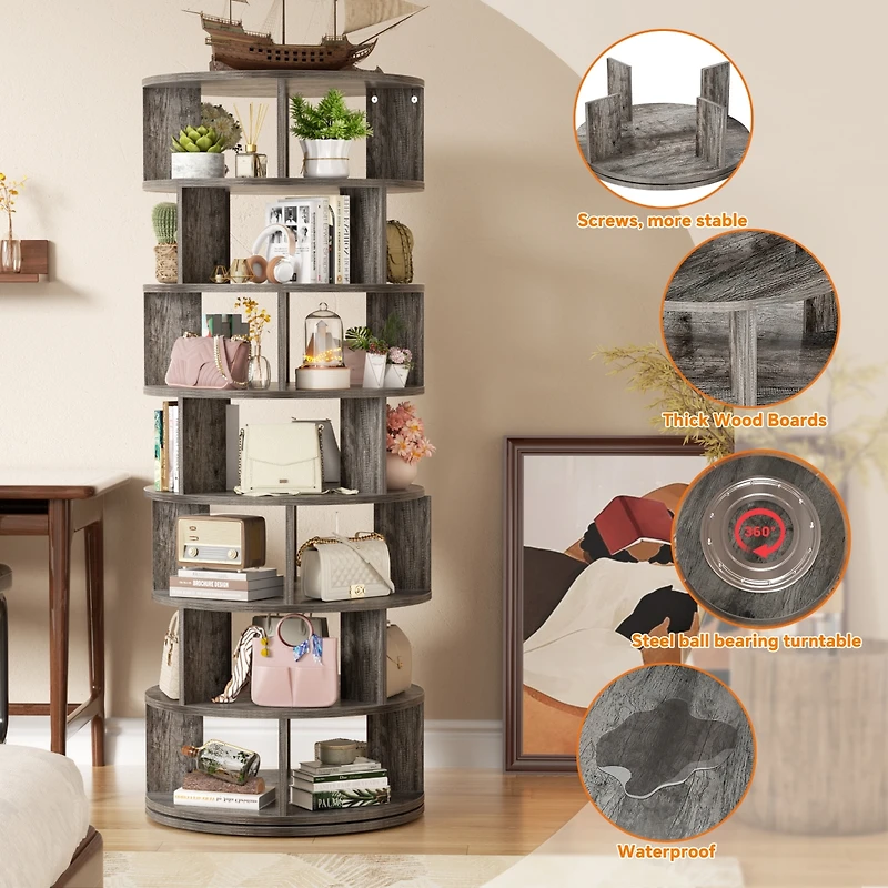 7-Tier Rotating Shoe Rack, 360° Display Wooden Revolving Rack Tower