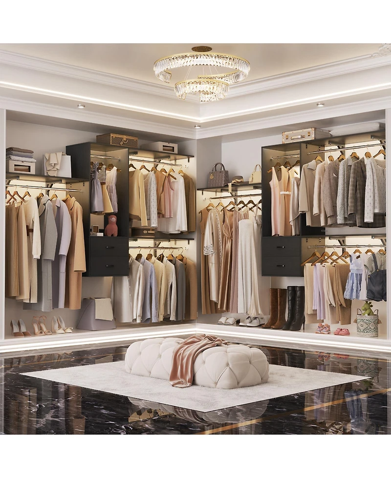 96 Inch Wall Mounted Closet Organizer System with 3 Shelves and Rods, Rack 2 Drawers