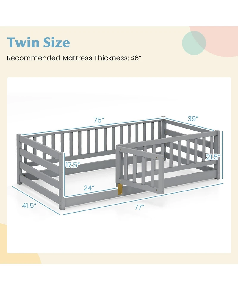Gymax Twin Floor Bed w/High Fence & Door Safety Guardrails Wood Frame