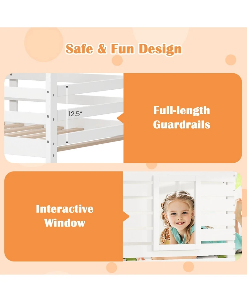 Gymax Twin over Twin House Bunk Bed Low-to-ground Bed Frame w/ Roof Solid Wood Bed